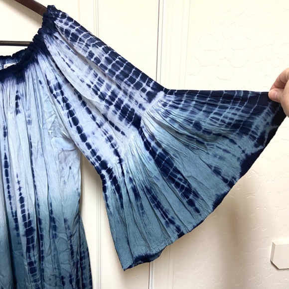 Boho Whimsigoth Shibori Tie-Dye Peasant Rayon Tunic Top L Flowy Bell Sleeve - Picture 9 of 12